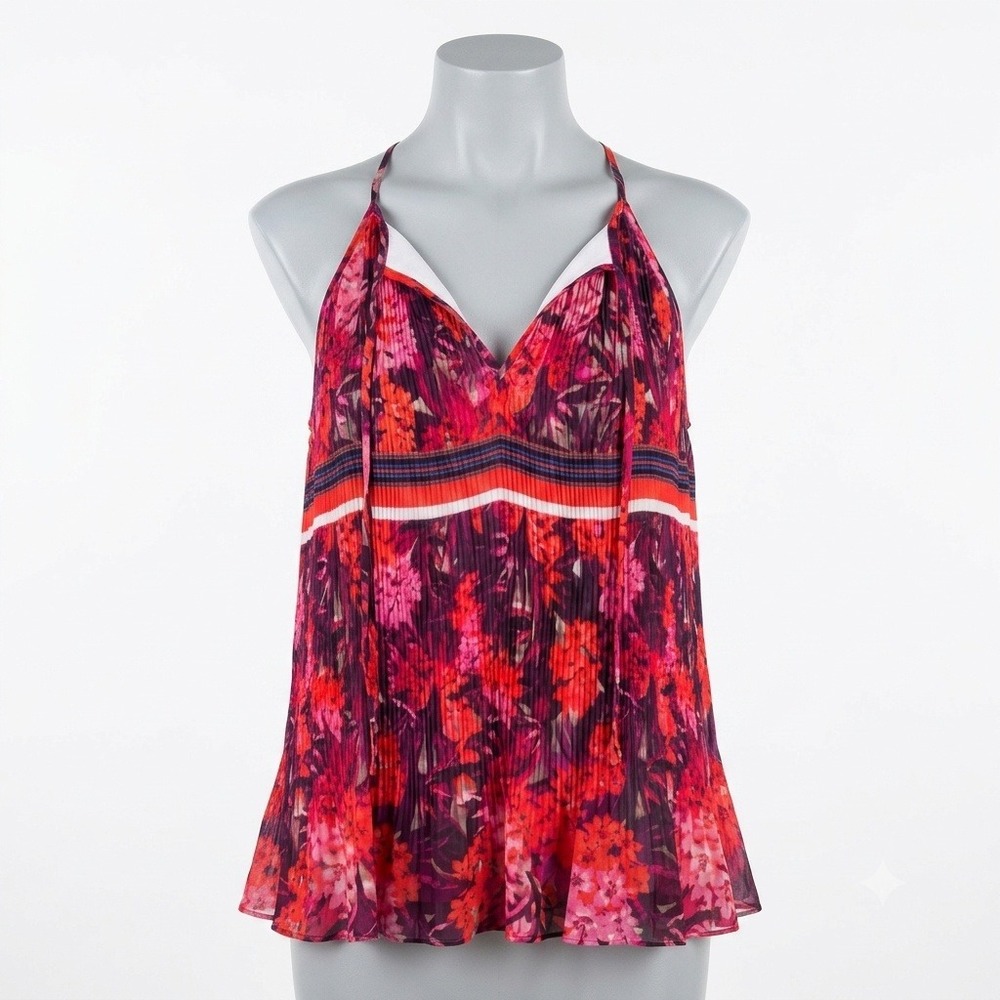 Yumi Kim Halter Top Women Small Pink Floral Pleated V-Neck Tie Front Sleeveless